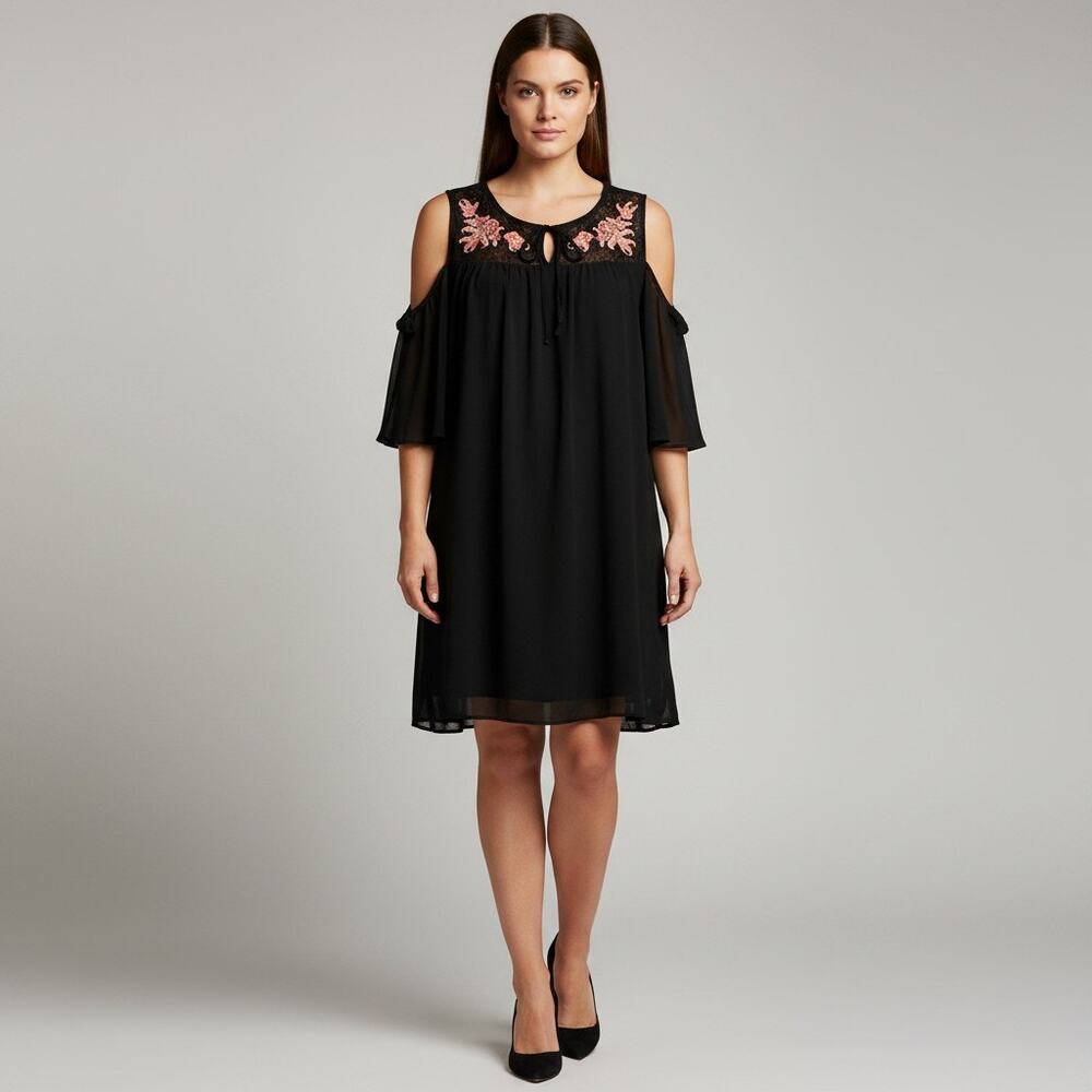 Women's Free 2 Luv Black Floral Embroidered Cold Shoulder Dress Size 2X